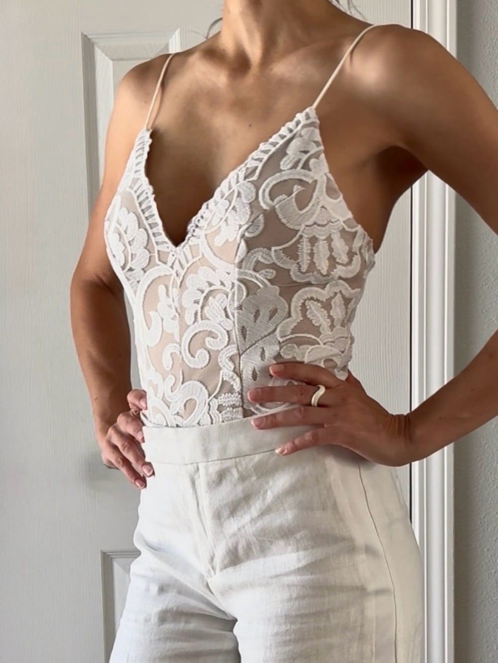 Hello Molly Lace-Accent Bodysuit in Ivory and Nude